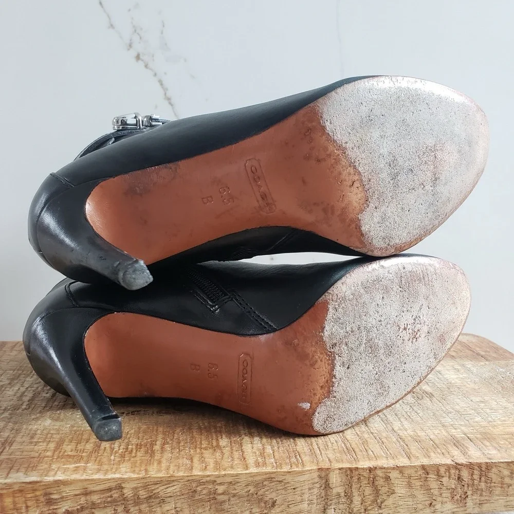 COACH Boots Womens 6.5 Black Sondra Leather High Heel Belted Booties‎